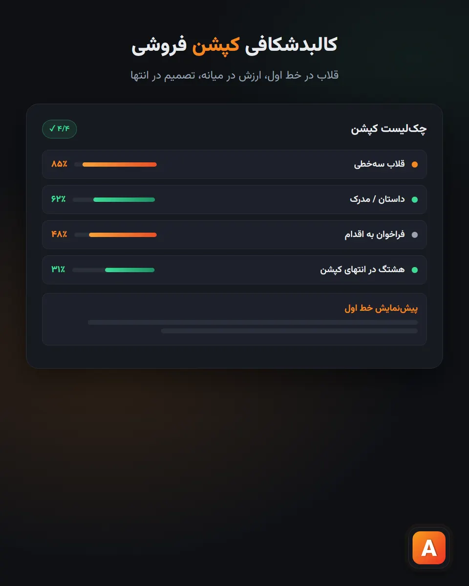 آناتومی کپشن: خط قلاب، بدنه، دعوت به اقدام و هشتگ
